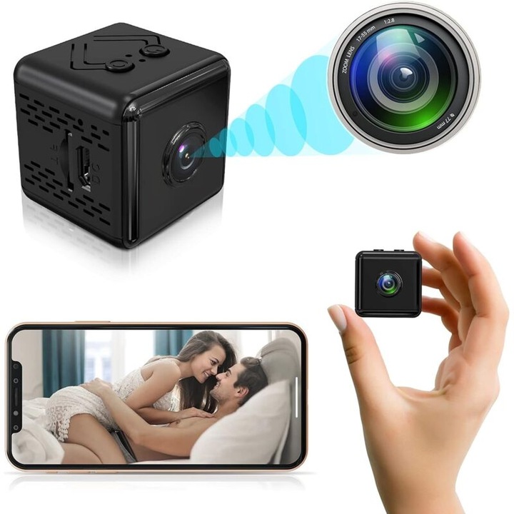 Camera spion mini wireless HD 1080P, cu detectie miscare si viziune nocturna, pentru supraveghere interioara, dimensiuni 1.5x1.5x1.5 inch