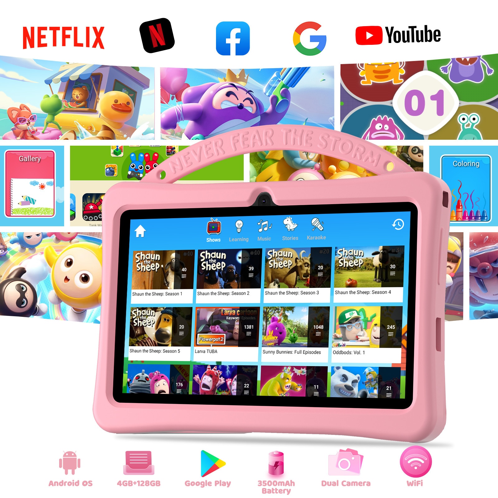 Tableta pentru copii 7", 4GB RAM, 128GB stocare, Procesor Quad-Core Android, Husa de protectie, Roz, Camera duala, Ecran IPS 1024x600, Software educativ iWawa