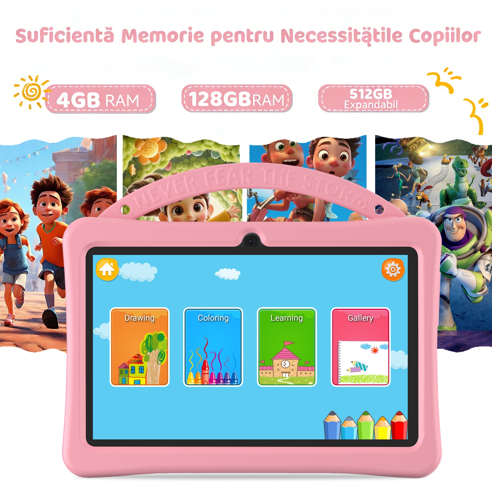 Tableta pentru copii 7", 4GB RAM, 128GB stocare, Procesor Quad-Core Android, Husa de protectie, Roz, Camera duala, Ecran IPS 1024x600, Software educativ iWawa