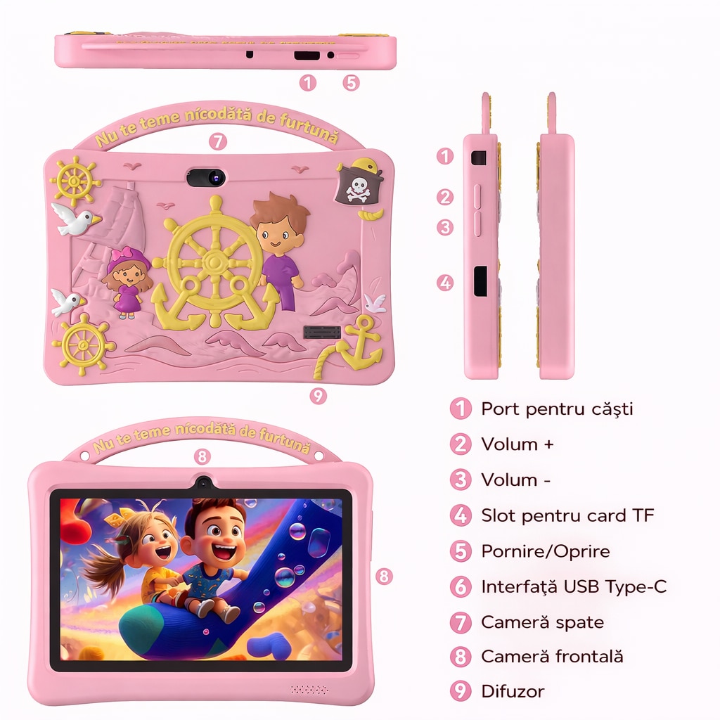 Tableta pentru copii 7", 4GB RAM, 128GB stocare, Procesor Quad-Core Android, Husa de protectie, Roz, Camera duala, Ecran IPS 1024x600, Software educativ iWawa