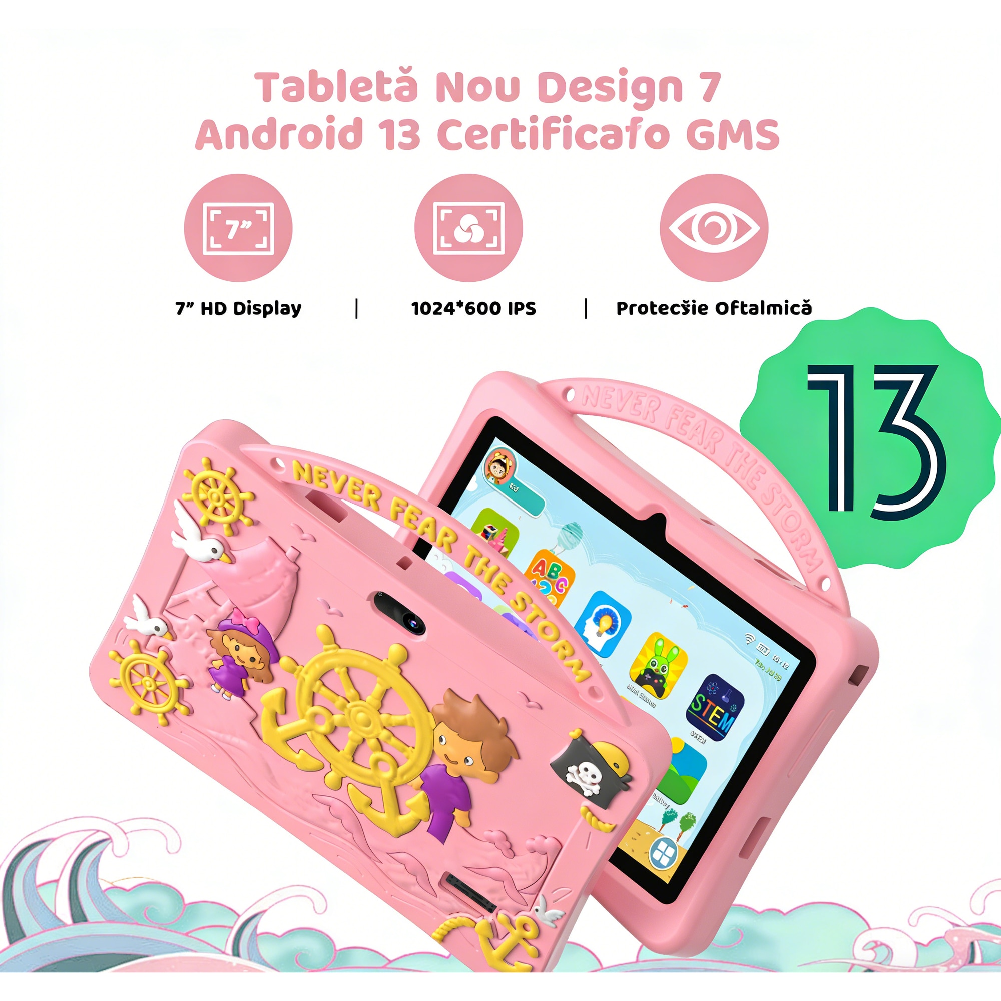 Tableta pentru copii 7", 4GB RAM, 128GB stocare, Procesor Quad-Core Android, Husa de protectie, Roz, Camera duala, Ecran IPS 1024x600, Software educativ iWawa