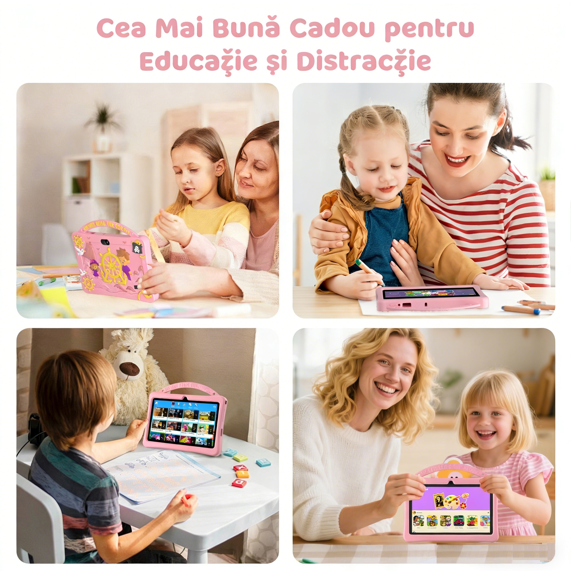 Tableta pentru copii 7", 4GB RAM, 128GB stocare, Procesor Quad-Core Android, Husa de protectie, Roz, Camera duala, Ecran IPS 1024x600, Software educativ iWawa