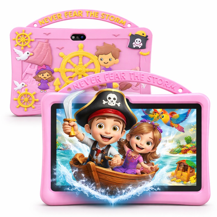 Tableta pentru copii 7", 4GB RAM, 128GB stocare, Procesor Quad-Core Android, Husa de protectie, Roz, Camera duala, Ecran IPS 1024x600, Software educativ iWawa
