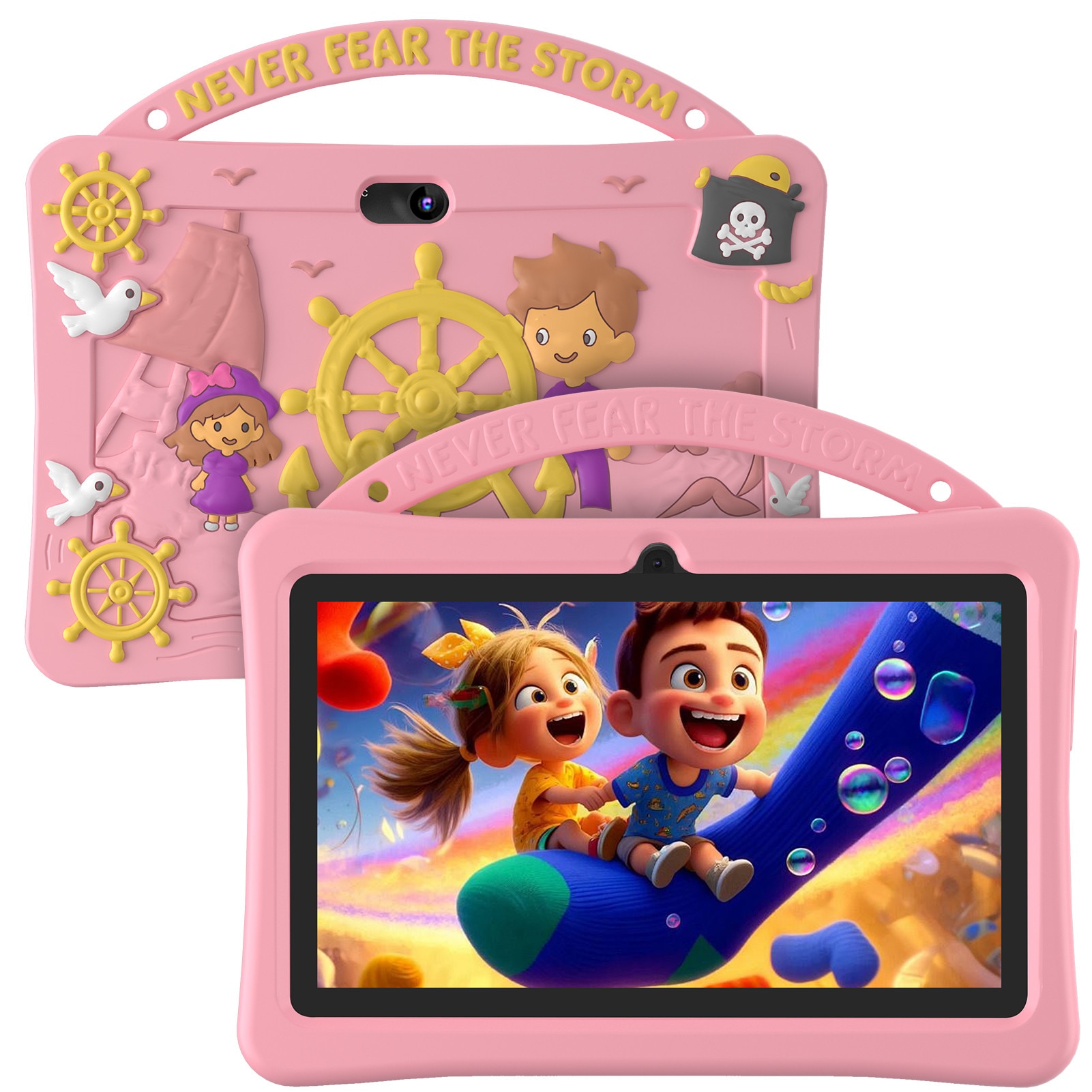 Tableta pentru copii 7", 4GB RAM, 128GB stocare, Procesor Quad-Core Android, Husa de protectie, Roz, Camera duala, Ecran IPS 1024x600, Software educativ iWawa
