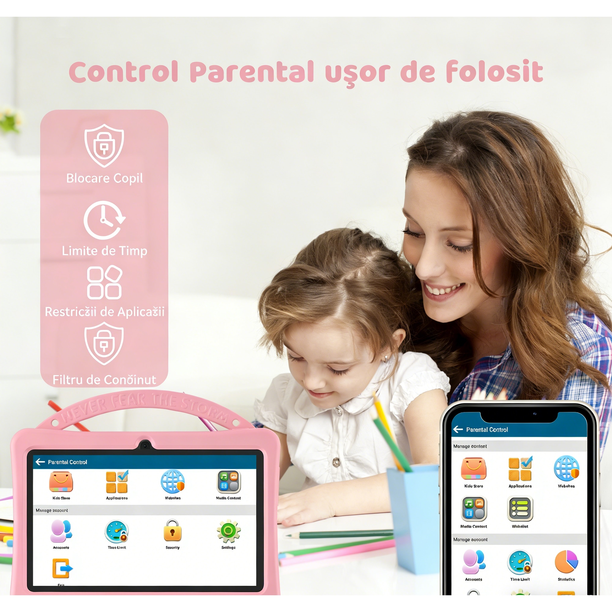 Tableta pentru copii 7", 4GB RAM, 128GB stocare, Procesor Quad-Core Android, Husa de protectie, Roz, Camera duala, Ecran IPS 1024x600, Software educativ iWawa