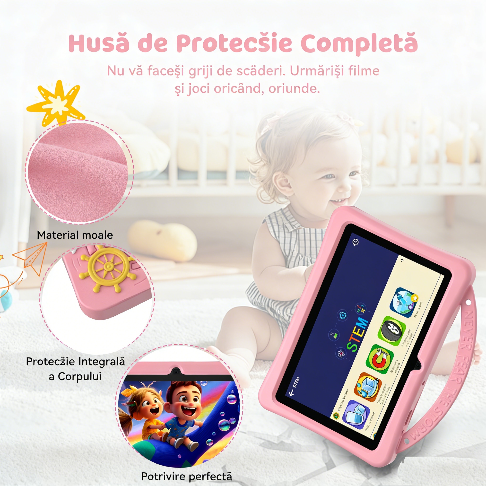 Tableta pentru copii 7", 4GB RAM, 128GB stocare, Procesor Quad-Core Android, Husa de protectie, Roz, Camera duala, Ecran IPS 1024x600, Software educativ iWawa
