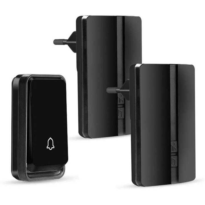 Sonerie wireless impermeabila cu 2 receptoare, raza 150m, indicator LED, neagra