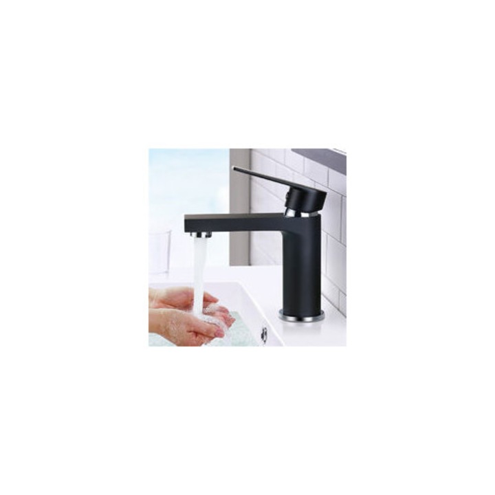 Черна медна смесителна батерия за баня, модерен дизайн, пестене на вода, височина 155 мм, дълбочина 162 мм