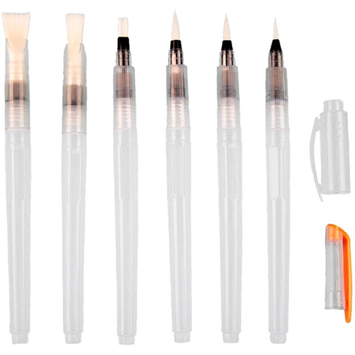 Set pensule cu apa, 6 bucati, nylon, varf plat/rotund, multicolor