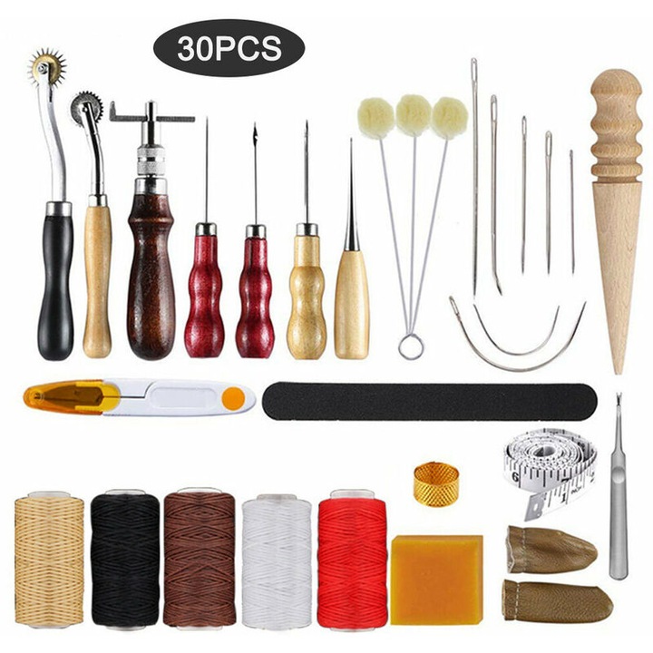Set unelte pentru lucru cu pielea, 30 piese, kit de reparare, acuri de cusut, pentru pantofi, genti, curele