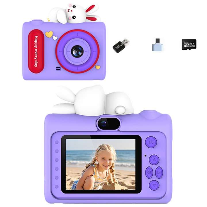 Aparat foto pentru copii cu card de memorie de 32 GB, Aiorber, husa de protectie integrata, rezolutie de 48 megapixeli, functie de inregistrare video, zoom 8x, design adorabil, portabil, violet