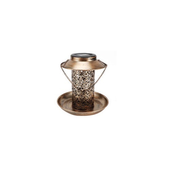Feeder pentru pasari solar, iluminare de gradina, design cu acoperis inclinat, alb cald, 20x19.5cm