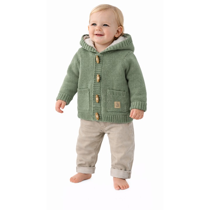 iDO babakardigán zsályazöld, kötött pamut, bélelt kapucnival