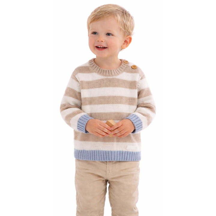 Minibanda bébi pulóver pamut és gyapjú kötött csíkos és gombokkal a vállon Bézs Fehér