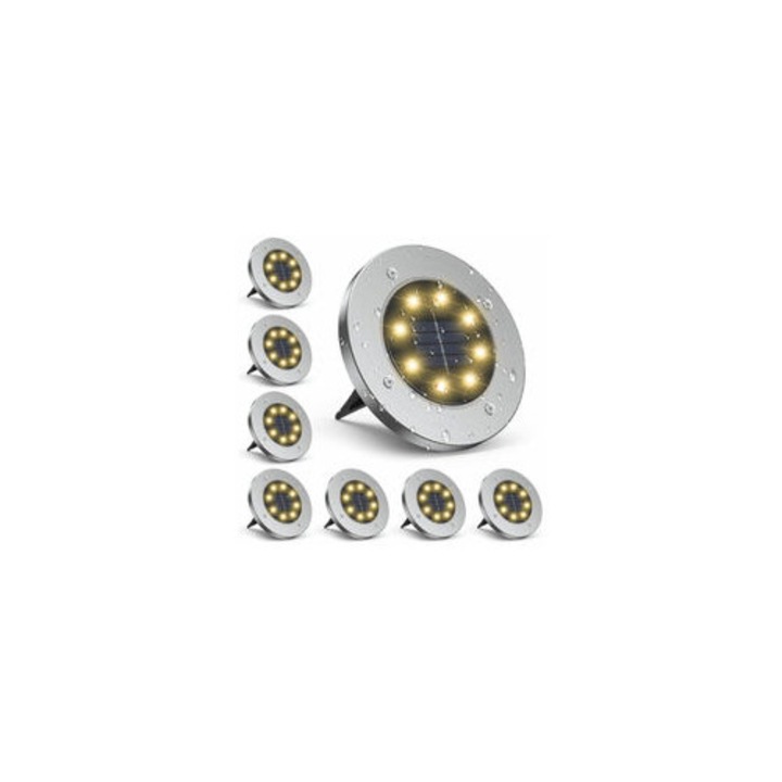 Set de 8 lampi solare incorporate, din otel inoxidabil, IP68, pentru exterior, dimensiuni mari, design decorativ