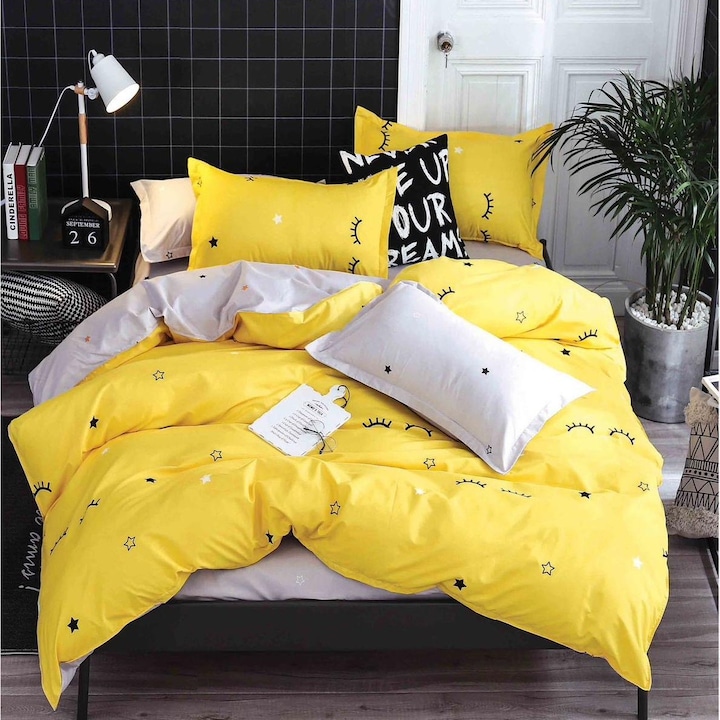 Set lenjerie de pat, Pucioasa, Finet, Cearceaf de pat cu elastic 140 x 200 cm, Husa pilota 155x200 cm, 2 huse perne 55 x 75 cm si 50 x 50 cm, pentru pat de dimensiuni 140x200 cm, Pat 1 persoana, Tematica Genute, Galben/Gri, FNUE-105