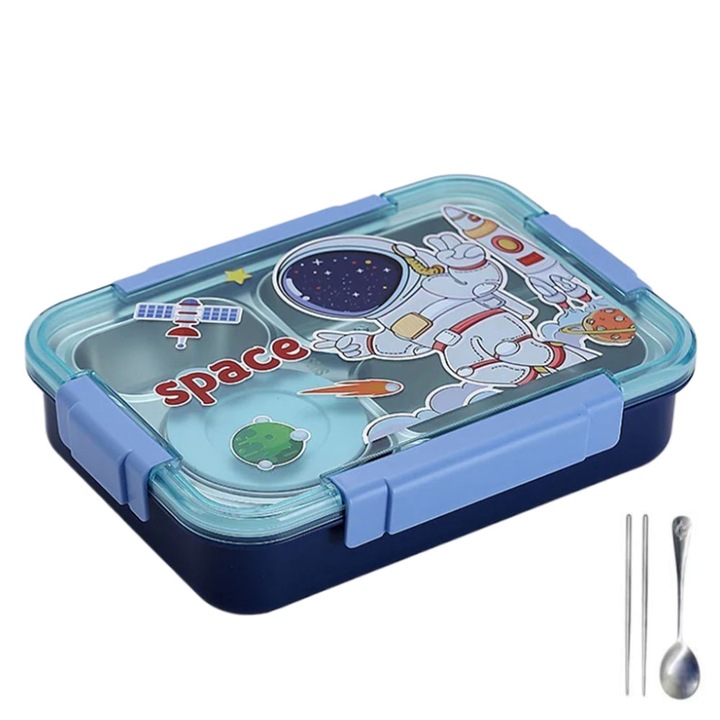 Caserola Termica Pentru Copii SIKS, Pentru Pachet Scoala, Gradinita, Inox/Plastic, 4 Compartimente, Mentine Temperatura, Capacitate 900ml, Inchidere Etansa, 23 x 16 x 6 cm, Model Astronaut, Bleumarin