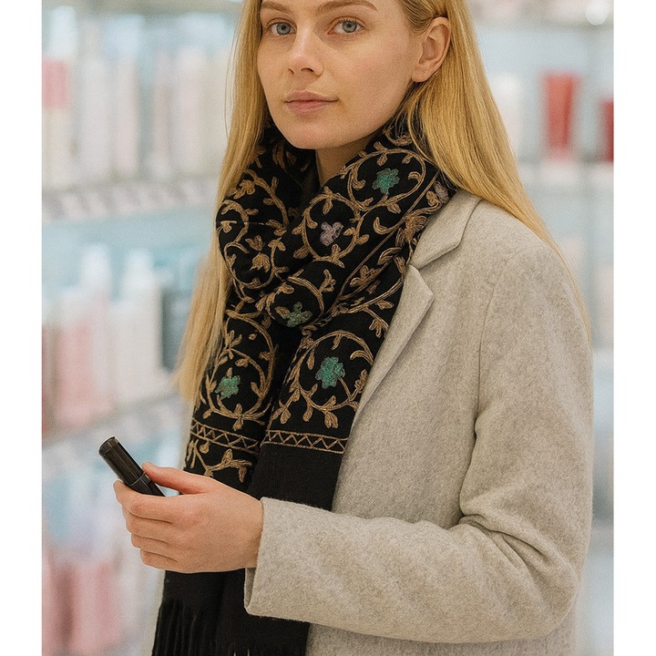 Sal negru cu imprimeu vegetal, franjuri, 180x70 cm, 100% poliester