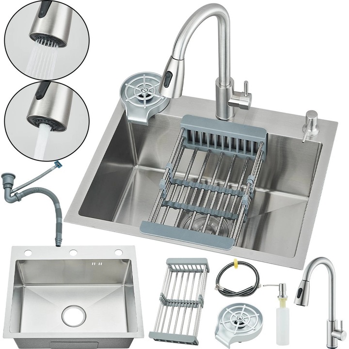 Мултифункционална мивка BisDesign® за кухня, Включени всички аксесоари, Изтеглящ се душ, Миячка за чаши, Дозатор за сапун, Кош за организиране, Незалепващ материал, Хромиран никелов завършек, Размер 60x45 см