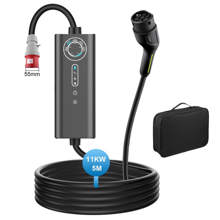 Cablu de incarcare masini electrice, AWESAFE, 11kW, curent ajustabil (6/8/10/13/16A), Stecar CEE, cablu 5m, tip 2, 3 faze Wallbox