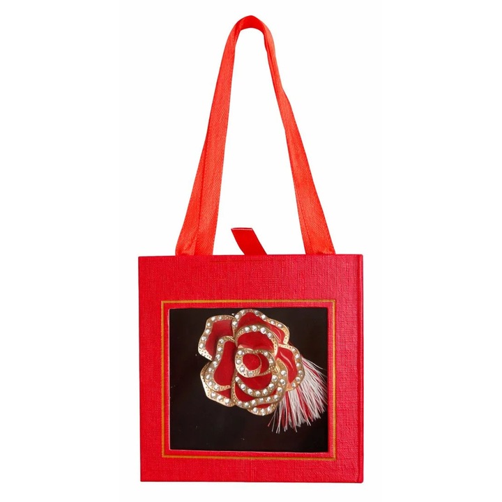 Brosa Martisor 5cm, Trandafir rosu, in cutie gentuta 7x7 cm cu fereastra, cadou 1 Martie