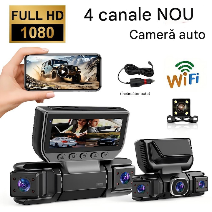 VeniSymlis® Camera auto quad 4 camere 1080P, fata 1080P, spate 1080P, laterale 1080P, WiFi, aplicatie, senzor G, monitorizare parcare 24h, vedere nocturna, ecran 3.16 inci, inregistrare in bucla, pentru siguranta la volan, negru