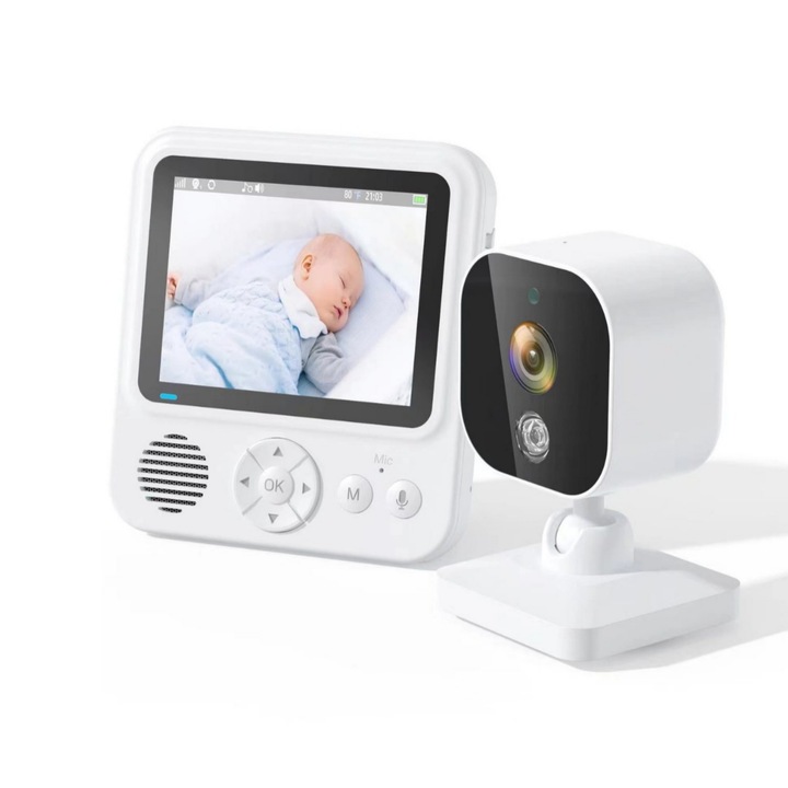 Monitor pentru bebelusi cu camera, UWOT, ecran de 2, 8 inci, monitorizare a temperaturii, audio bidirectional, viziune nocturna cu infrarosu, mod de economisire a energiei, raza de actiune in interior de 10-30 m, 18, 4 x 14, 8 x 7 cm, Alb