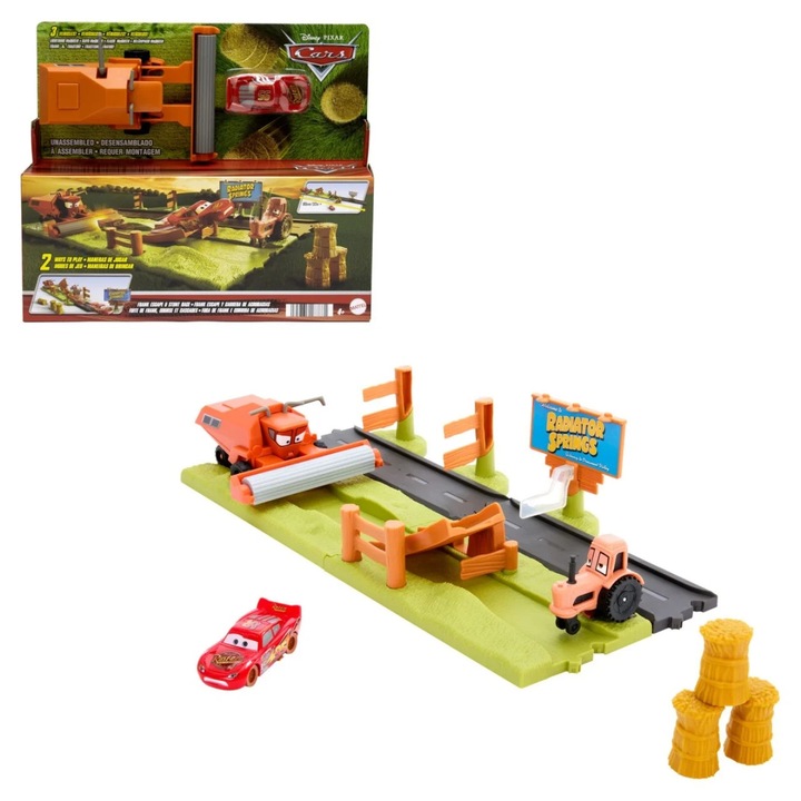 Set de joacă mașini Cars, pista acrobații Frank Escape, include mașina Lightning McQueen, dimensiuni 30.5x25.5x6.5cm, pentru copii 4 ani+