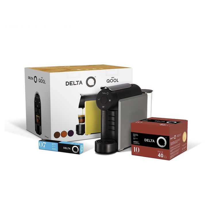 Espressor Delta Q Miniqool, gri, set 1 x 40 capsule Qalidus + 1 x 10 capsule Deqafeinatus