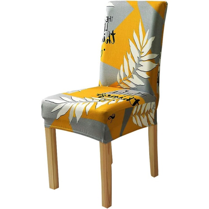 Huse scaune, set de 6, gri si galben cu model frunze, material elastic, 45-60cm x 36-50cm