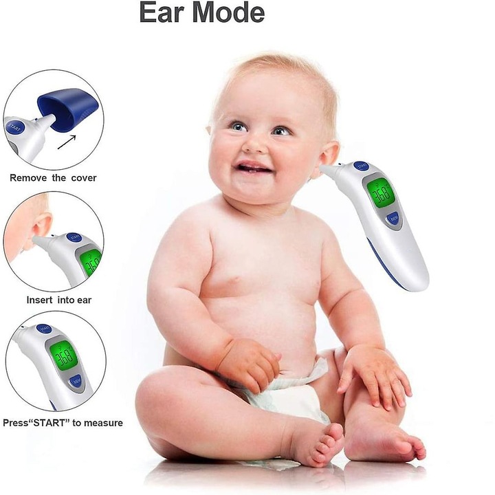Termometru digital copii cu infrarosu 4 in 1 pentru frunte si ureche, alarma febra, 152x44x30mm, 72g
