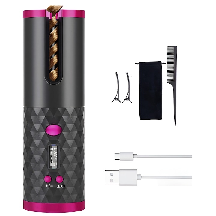 Ondulator de păr wireless, ceramică, 6 trepte temperatură, roz/gri, 19x5, 6x4, 9cm