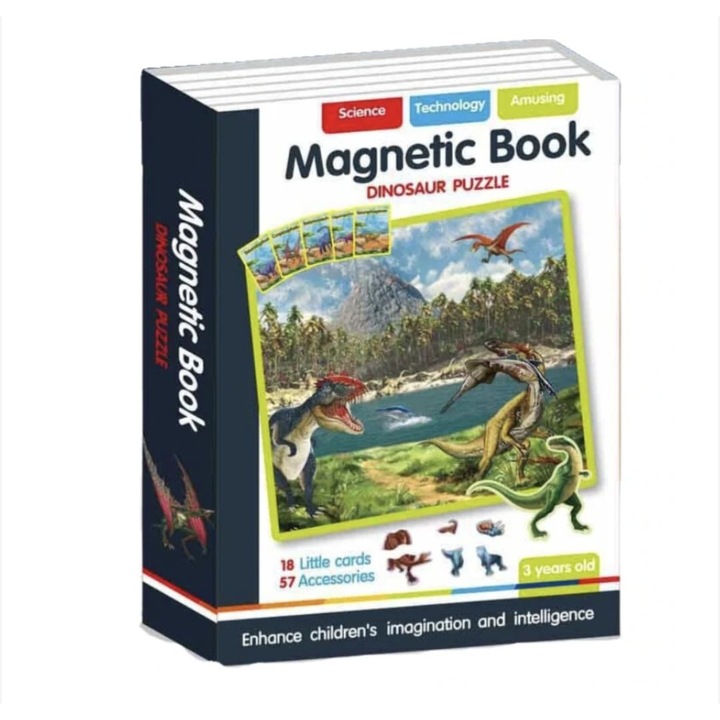 Carte magnetică educativă cu puzzle Dinozauri, set cu piese magnetice colorate, 3 ani