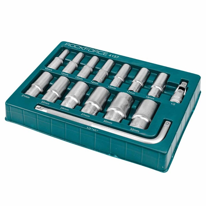 Mély dugókulcs készlet, Rockforce, hatlapfejű, 10-32 mm, 15 darab