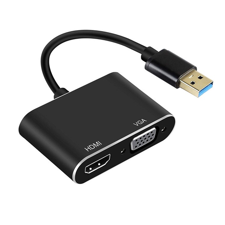 Convertor USB 3.0 la HDMI+VGA, cablu de extensie pentru conectarea laptopului la monitor/proiector extern, plug-and-play, suporta modul de copiere/extindere a ecranului, potrivit pentru scenarii de birou/intalniri, home cinema, extindere multi-ecran, negr