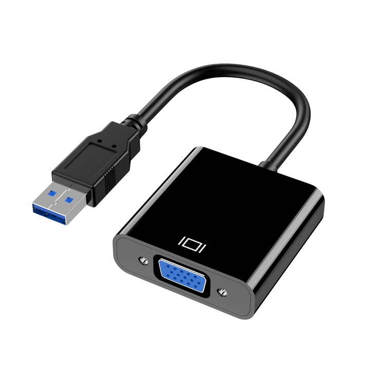 Convertor USB 3.0 la VGA, cablu de conversie video de inalta definitie, conectare laptop la monitor/proiector, plug-and-play, suporta modul de copiere/extindere a ecranului, negru