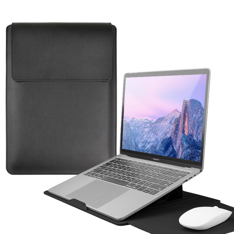 Husa 3 in 1 pentru laptop, cu suport pliabil, rezistenta la apa si zgarieturi, inchidere cu Velcro, portabila, compatibila cu laptop Apple de 14 inch, culoare neagra