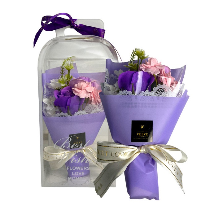 Aranjament Elegant cu buchet din trandafiri de sapun, flori de cires de sapun si flori artizanale, in cutie decorativa, Mov, Velve
