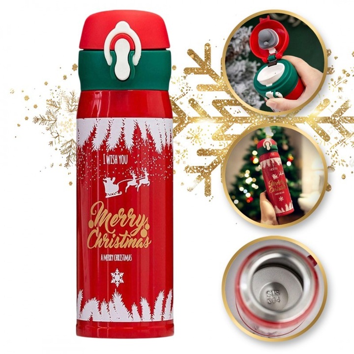 Термос чаша 500 мл, JollyMag, Весела Коледа, неръждаема стомана, модерна, 22x6см