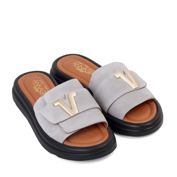 Slapi MATILDA - piele naturala gri, Gri, 39