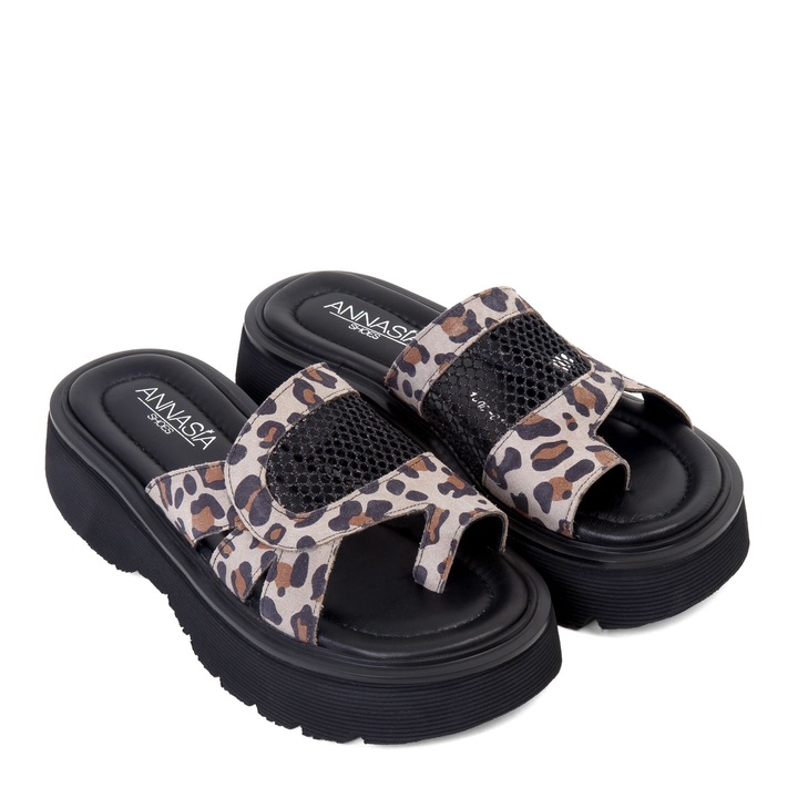 Slapi HELEN - piele naturala animal printdwqf, Animal print, 36