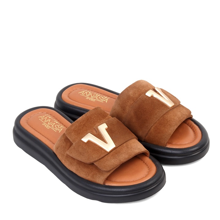 Slapi MATILDA - piele naturala maro, Maro, 39