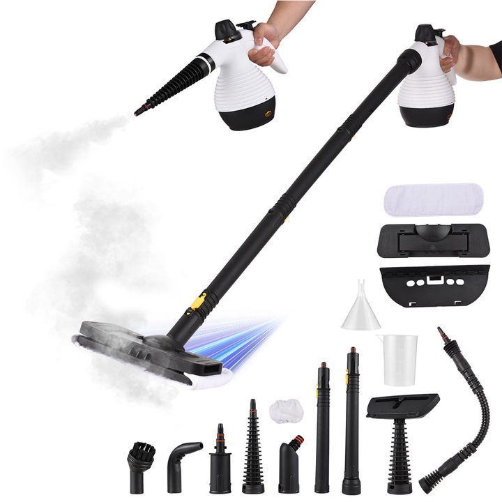 ET-LIFE Természetes, több felületen használható, nyomás alatti, hordozható gőztisztító 13 tartozékkal, 1050 W-os gőztisztító padlókhoz, kárpitokhoz, fugákhoz és autókhoz