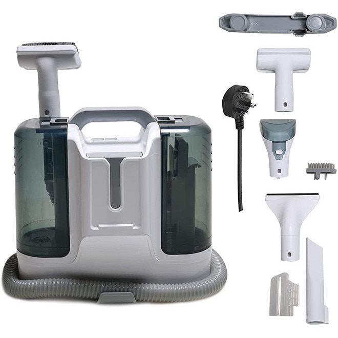 Sharpdo® Aspirator Cu Spalare, Aspirator Spalare Cu Extractie, Rezervor Dublu 1.8L + 0.6L, Aspirator Cu Motor 450W, Perie Sub Presiune, Furtun Auto-Curatare, Compact, Portabil, Ideal Auto, Canapea, Mocheta, alb