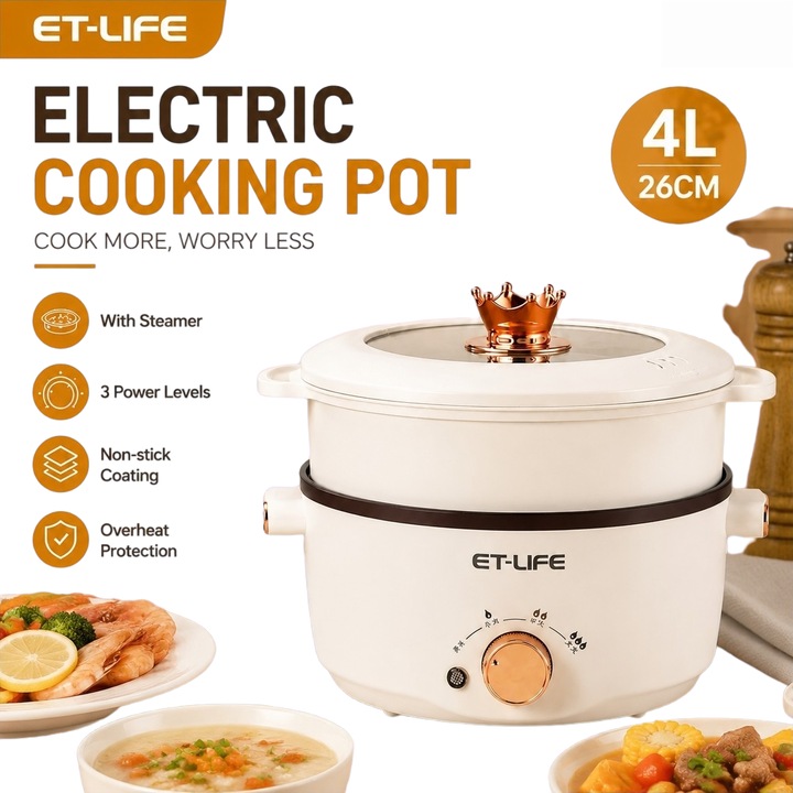 Multicooker cu aburi 4L, 6 moduri de gatit, Cu cos de abur, 1000W, cu abur si functie de izolare, cazan antiaderent, capacitate mare, design sigur, Portabil, bucatarie de calatorie, birou, dormitor, alb