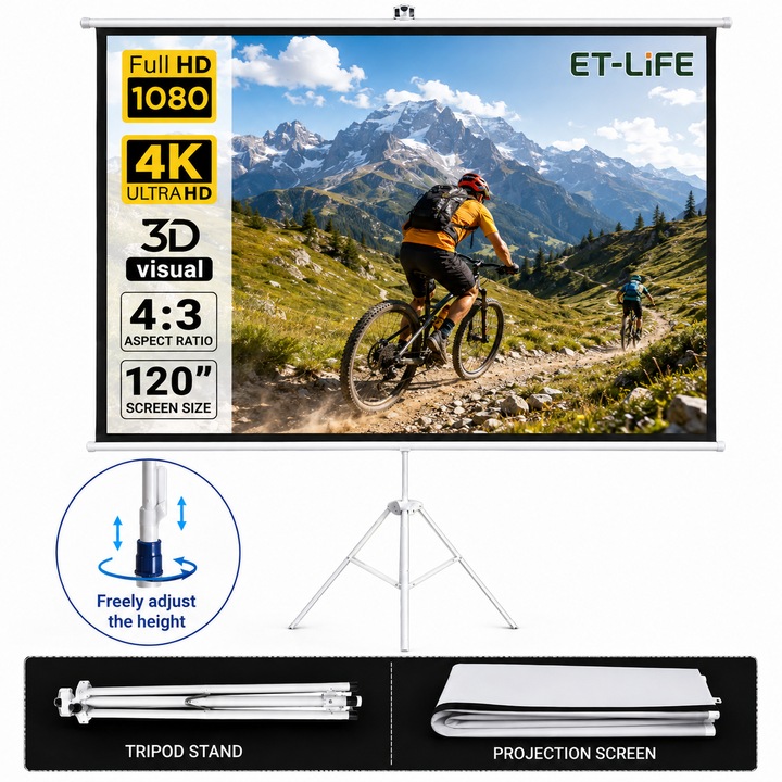 ET-LIFE Ecran de proiectie portabil, 120 inch, format 4:3, material fibra de sticla gri, ajustabil, cu suport tripied, pentru interior si exterior, 244 ×183 cm, alb-negru