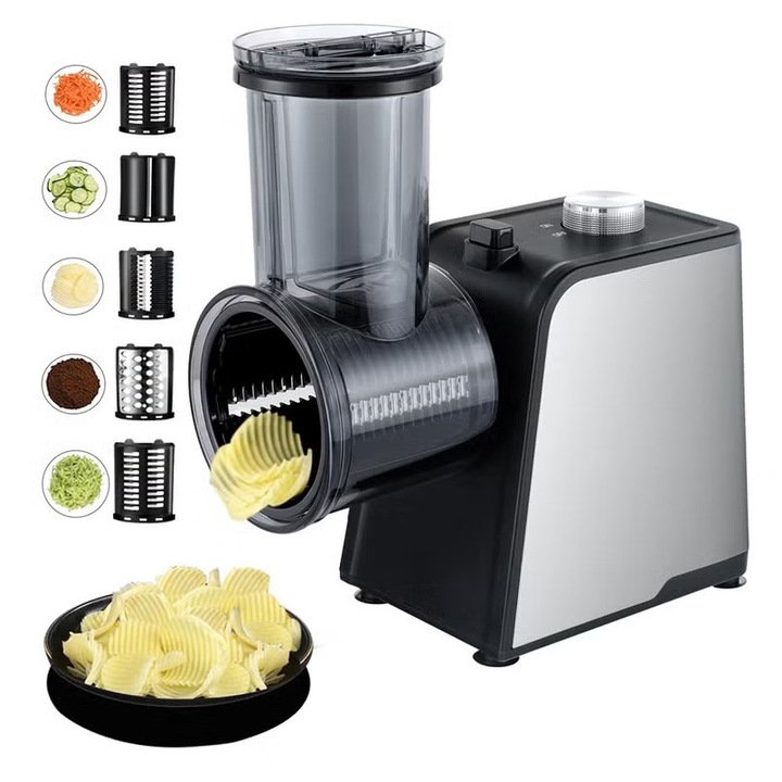 ET-LIFE Razatoare Electrica, 300W, 5 lame diferite, otel inoxidabil, detasabil, Mut, usor de folosit, branza si nuci, negru