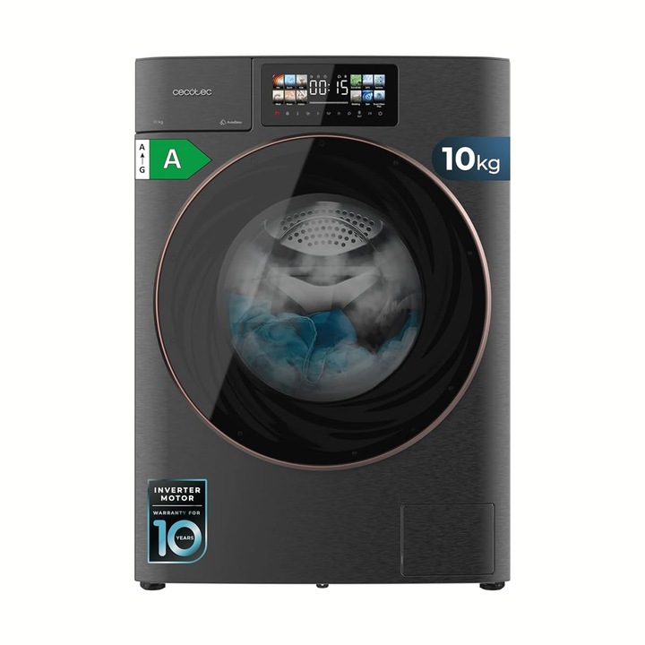 Masina de spalat rufe inteligenta cu uscator Cecotec, Bolero Wash&Dry, 10/6 kg, clasa A, consum redus, motor Inverter Plus, 13 programe prestabilite, viteza max. 1400 rpm, curatare cu abur SteamMax, programe curatare/sterilizare cuva, 2000 W, titan