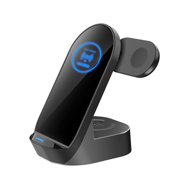 Statie de incarcare wireless 3 in 1 Kaku KSC-778, Incarcare rapida 15W, Qi Charging, USB-C, Negru