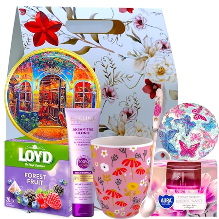 Set cadou premium pentru femei, cu cana, lingurita eleganta cu trandafiri